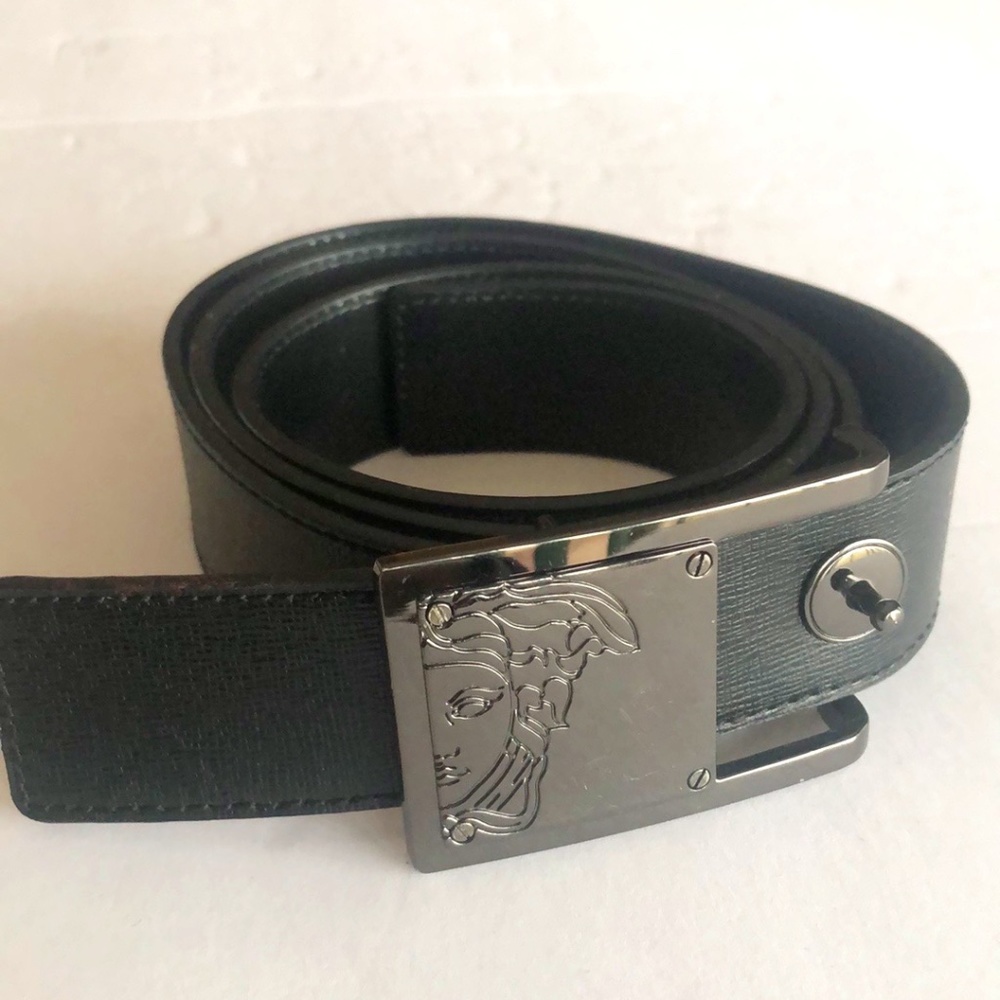Versace Black Leather Medusa Head Buckle Belt Sz 38